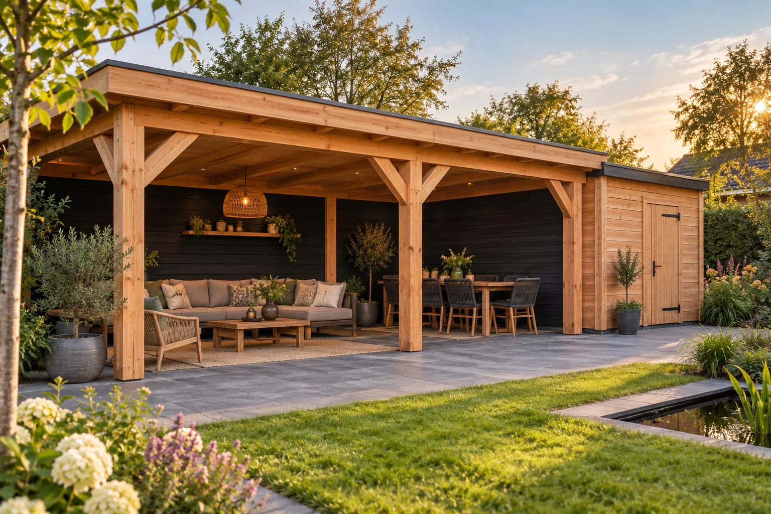Sfeerbeeld van een houten veranda met tuinberging in een groene tuin